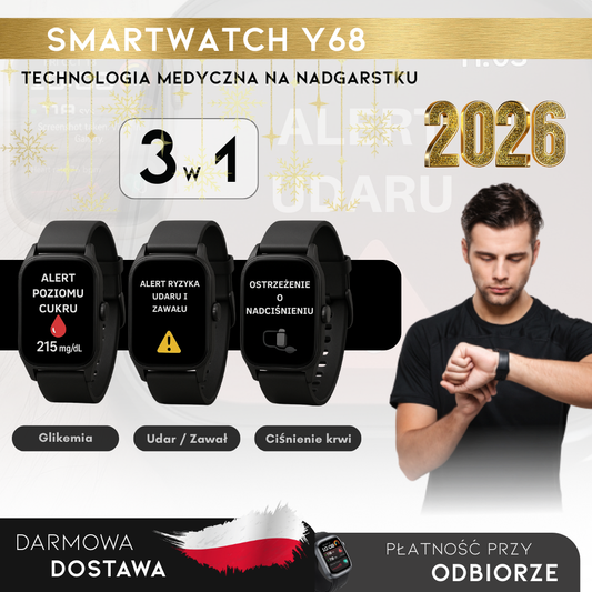 PROMOCJA NOWOROCZNA: Smartwatch Y68 – Monitor Medyczny 3 w 1 (Glukoza, Ciśnienie, Ryzyko Udaru) | Menu po polsku